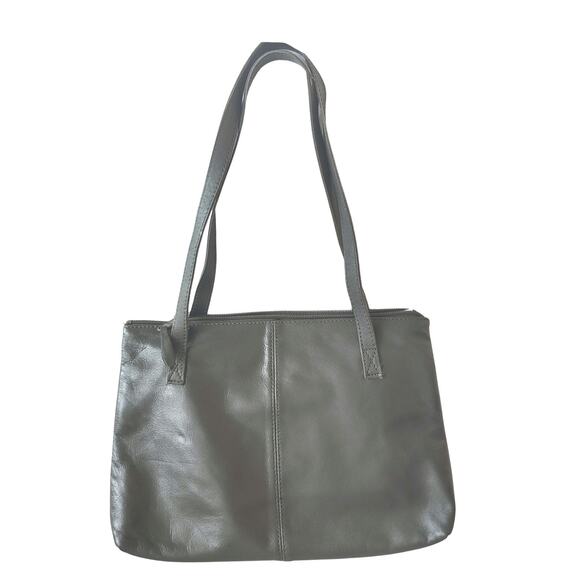 Leather Vintage Gray Pleated Shoulder Bag Two Handles Zip Top Purse Handbag - Picture 2 of 8